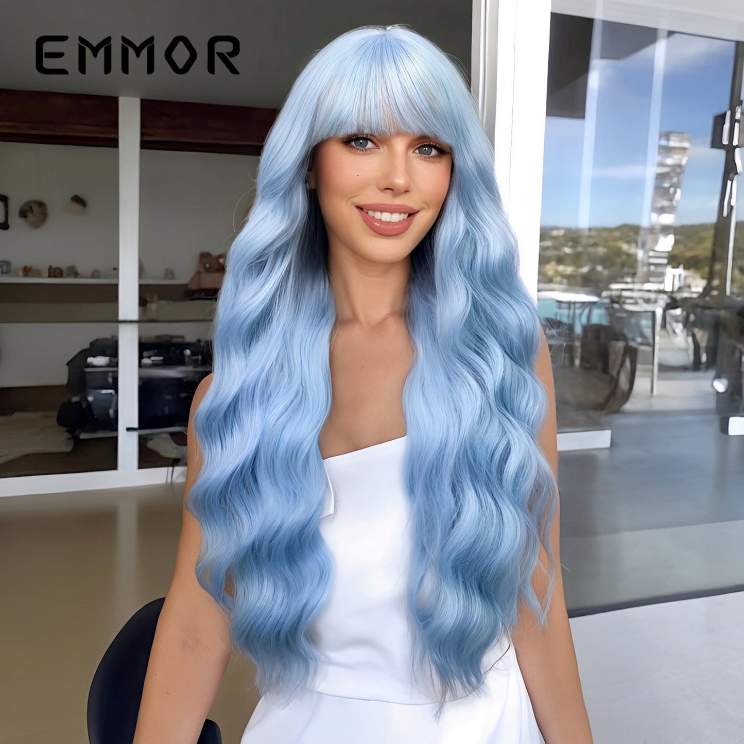 Female Hair Sky Blue Curly Waves Roll Wig Long Curls