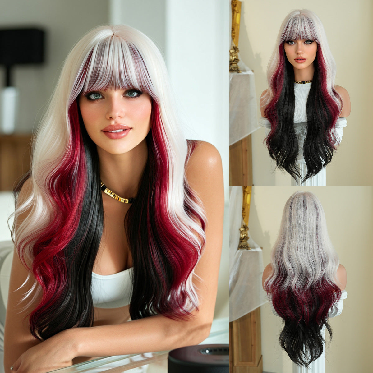 Gradient Color Wave Super Curly Hair Straight Bangs Fluffy Chemical Wig Long Curls