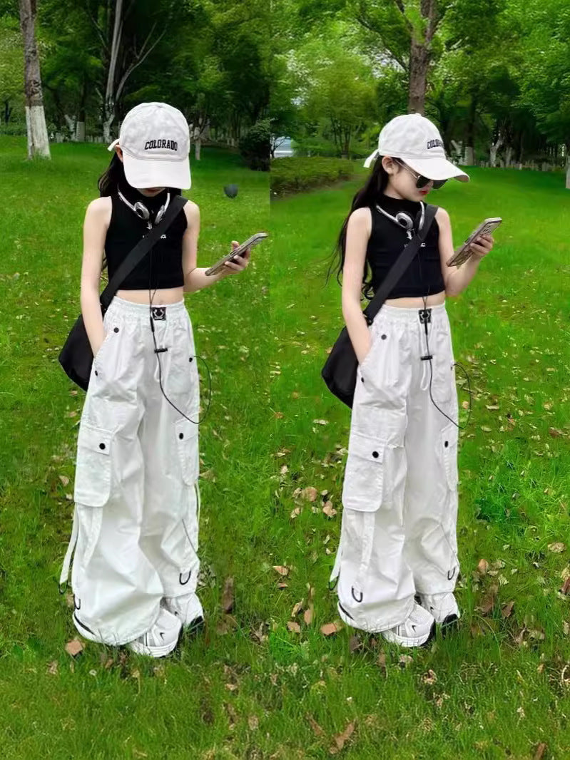 White Overalls Summer Thin American High Waist Jazz Dance Casual Children's Pants
