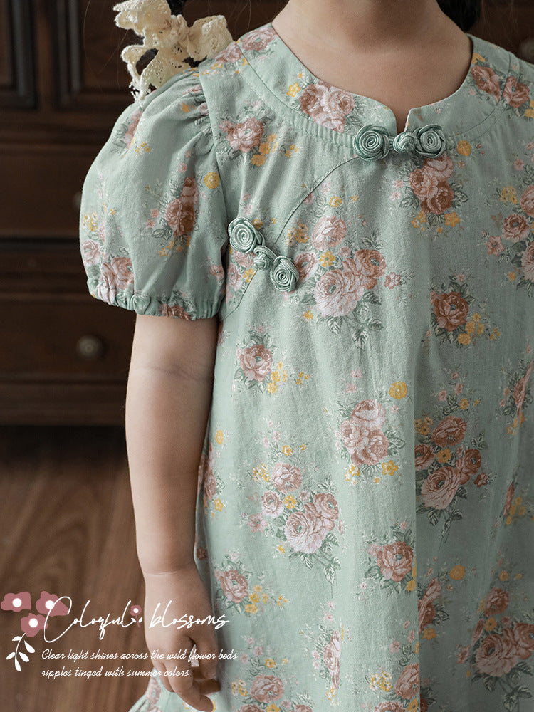 Cheongsam Summer Floral Puff Sleeve Chinese Style Rose Children's Dress