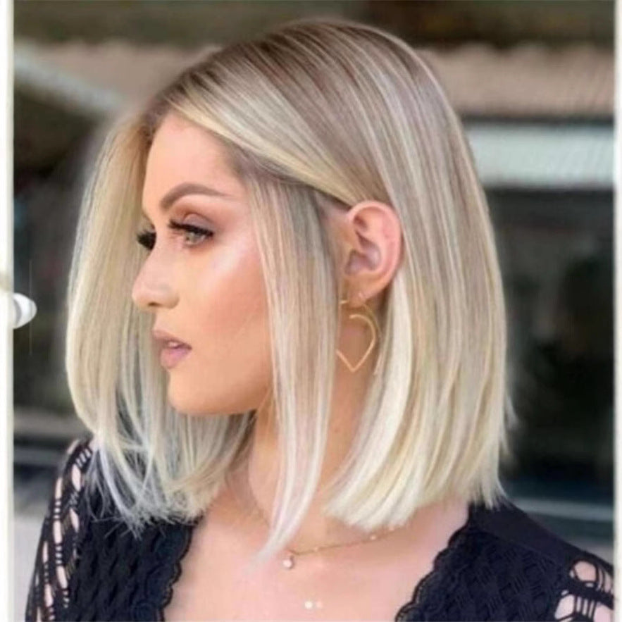 Women's Head Gradually Golden Medium Fiber Wig Short Straight Hair