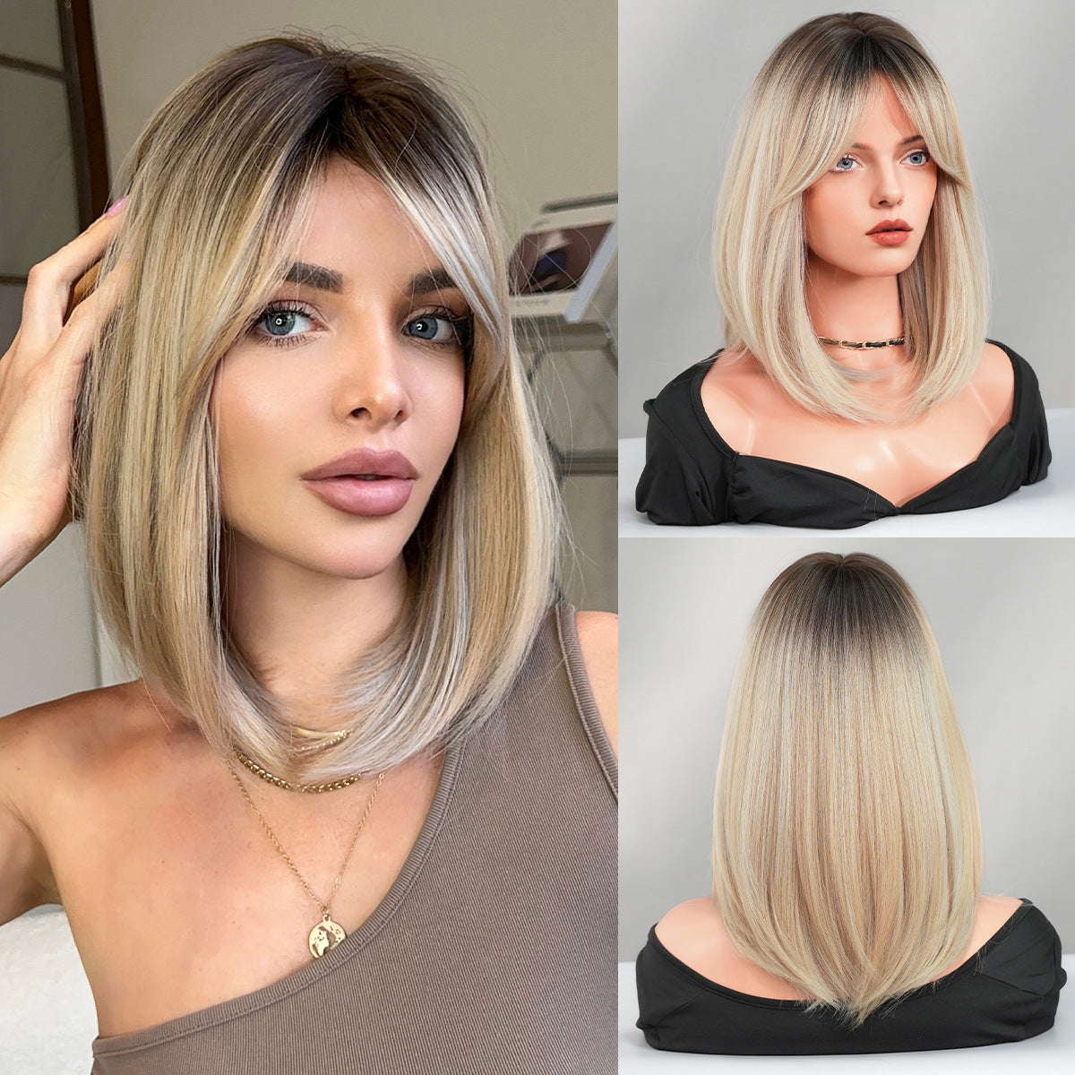 Shoulder Gradient Gold Side Division Bangs Natural Wig Short Straight Hair