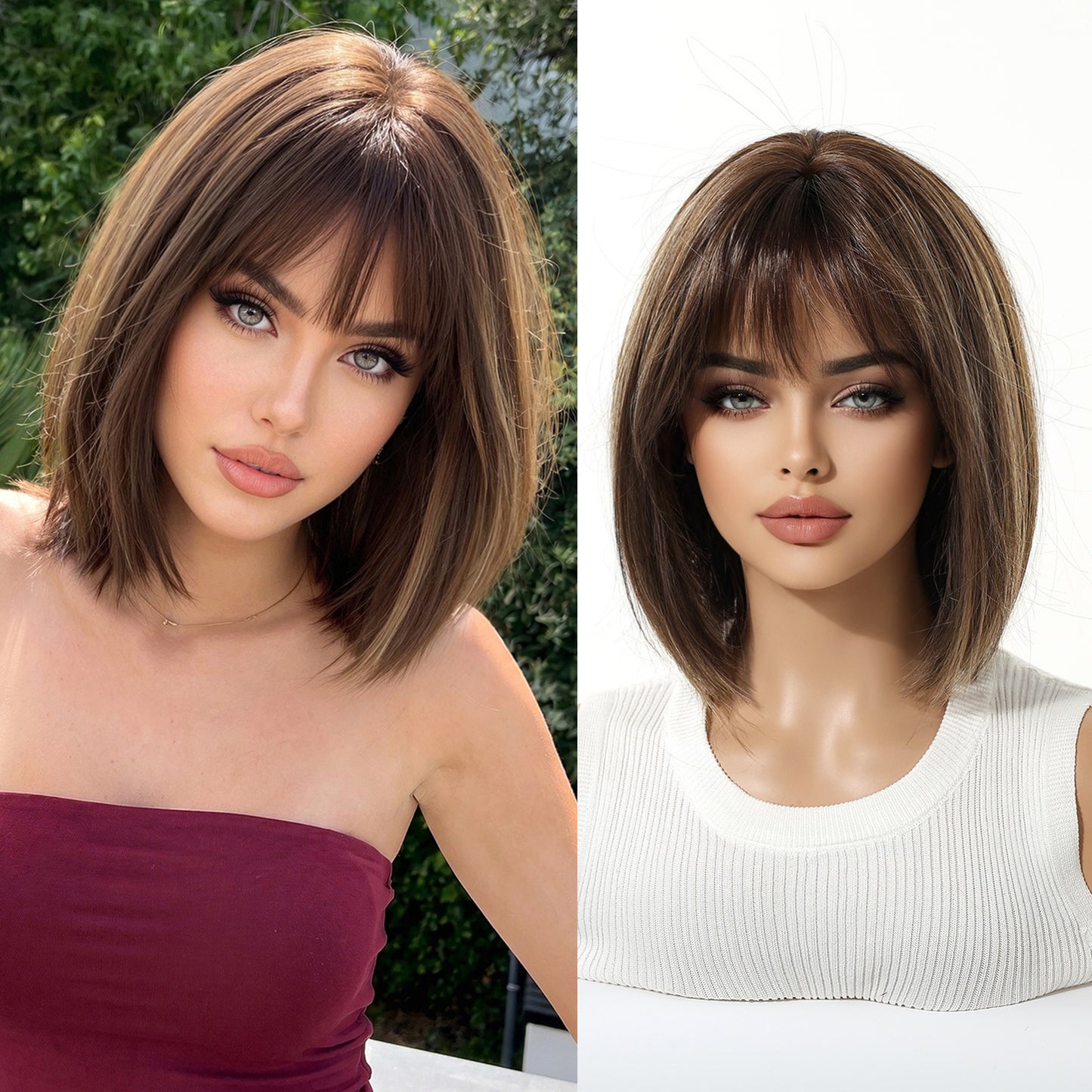 Gradient Bangs Fashion Shoulder Mechanism Rose Wig Short Straight Hair