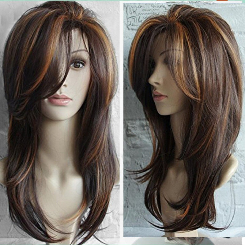 Female Big Wave Medium Bangs Curly Hair Gradient Synthetic Wig Long Curls
