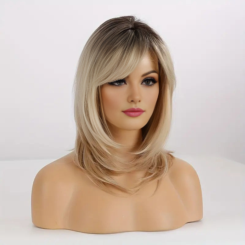 Women's Mid-length Hair Bangs Golden For Suitable Daily Long Straight Wig
