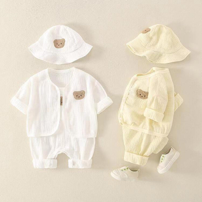 Women's & Men's Born Infant Gauze Bear Sleeveless Jumpsuit Cardigan Jumpsuit, Climbing Suit