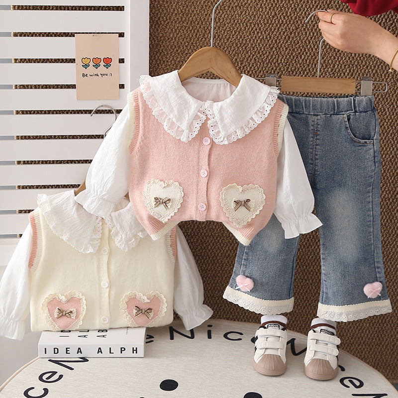 Lace Love Sweater Vest Cute Lapel Bell-bottom Children's Suit