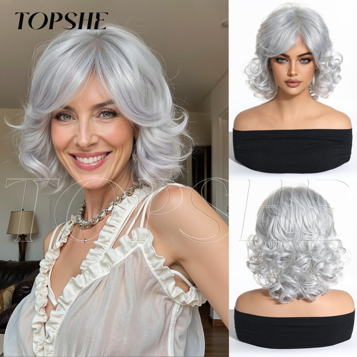 Lady Mom Sier White Fluffy Lifelike Wig Short Curly Hair