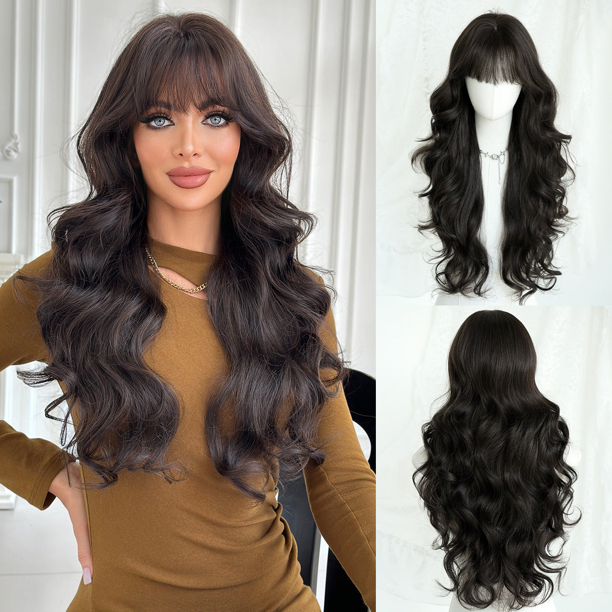 Super Brown Female Big Wave Curly Hair Daily Use Natural Wig Long Curls