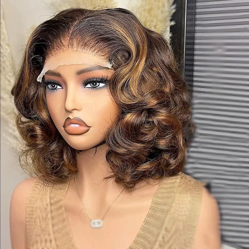 Colorful Gradient Lace Forehead Highlight Brown Mixed Gold Wig Short Curly Hair