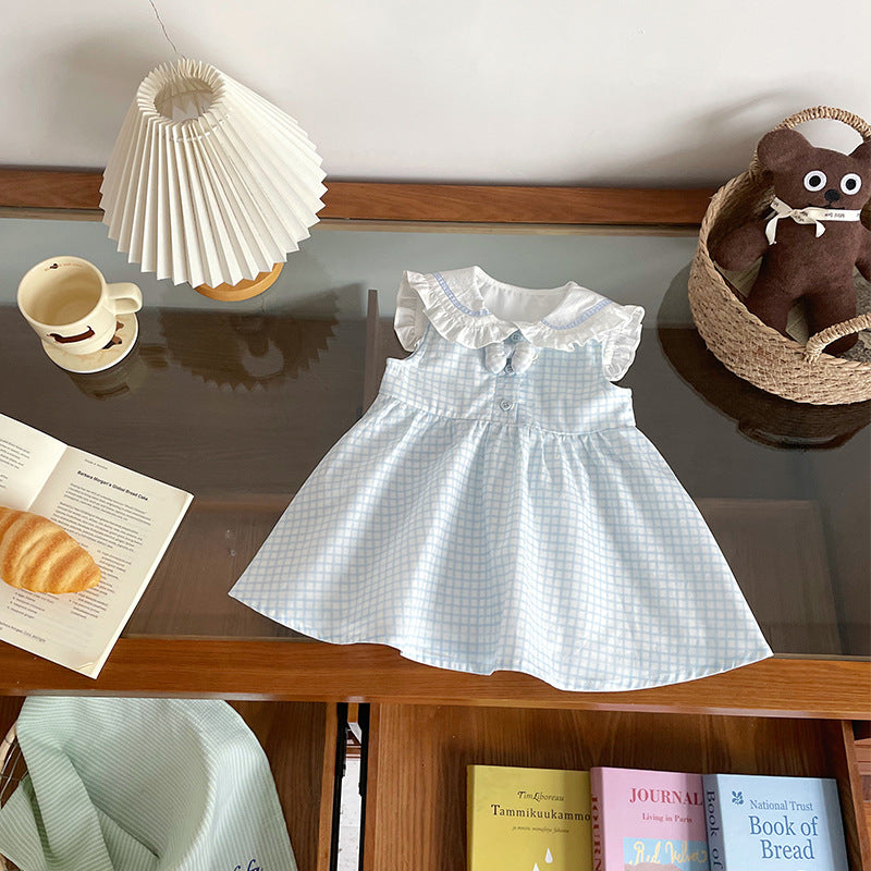 Children's Blue White Plaid Doll Collar Ruffled Children's Dress