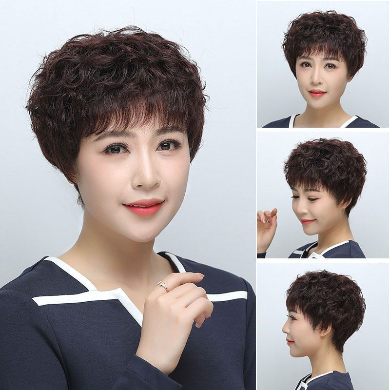 Women's Short Full Head Lady Mom Natural Breathable Curly Real Hair Wig