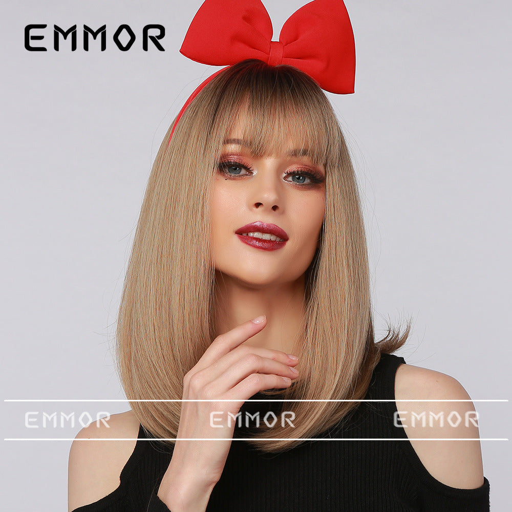 Women's Bangs Black Gradient Brown Medium Long Wig Short Straight Hair