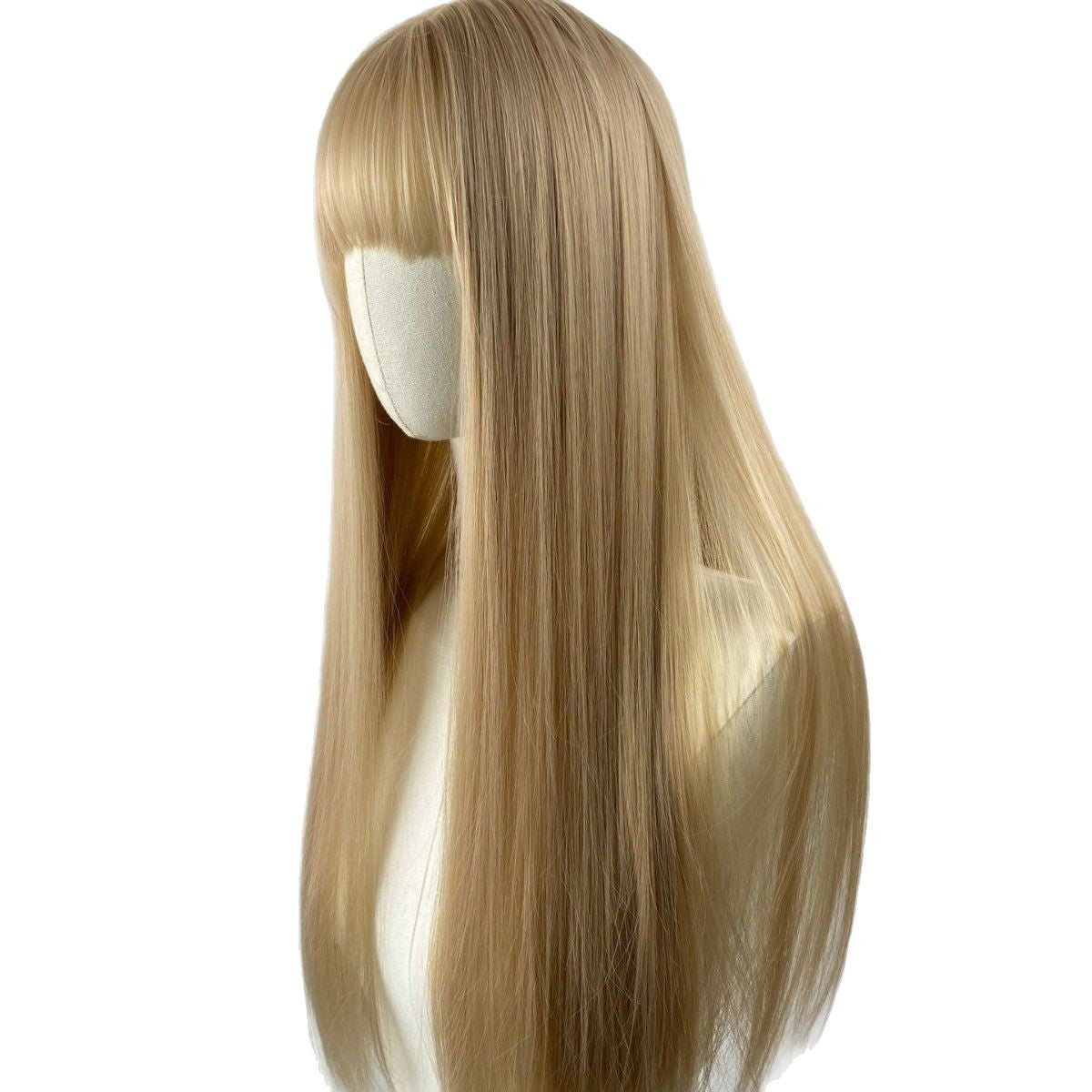 Female Daily Hair Golden Head Cover Air Bangs Mannequin Dummy Long Straight Wig
