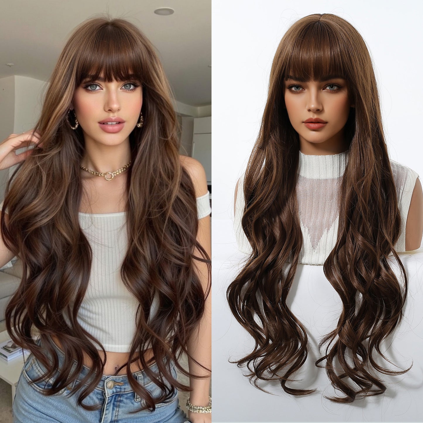 Female Big Wave Roman Curly Bangs Hair White Gold Color Wig Long Curls