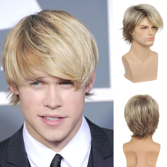 Men's Partial Brown Gold Mixed Color Short Men's Wig