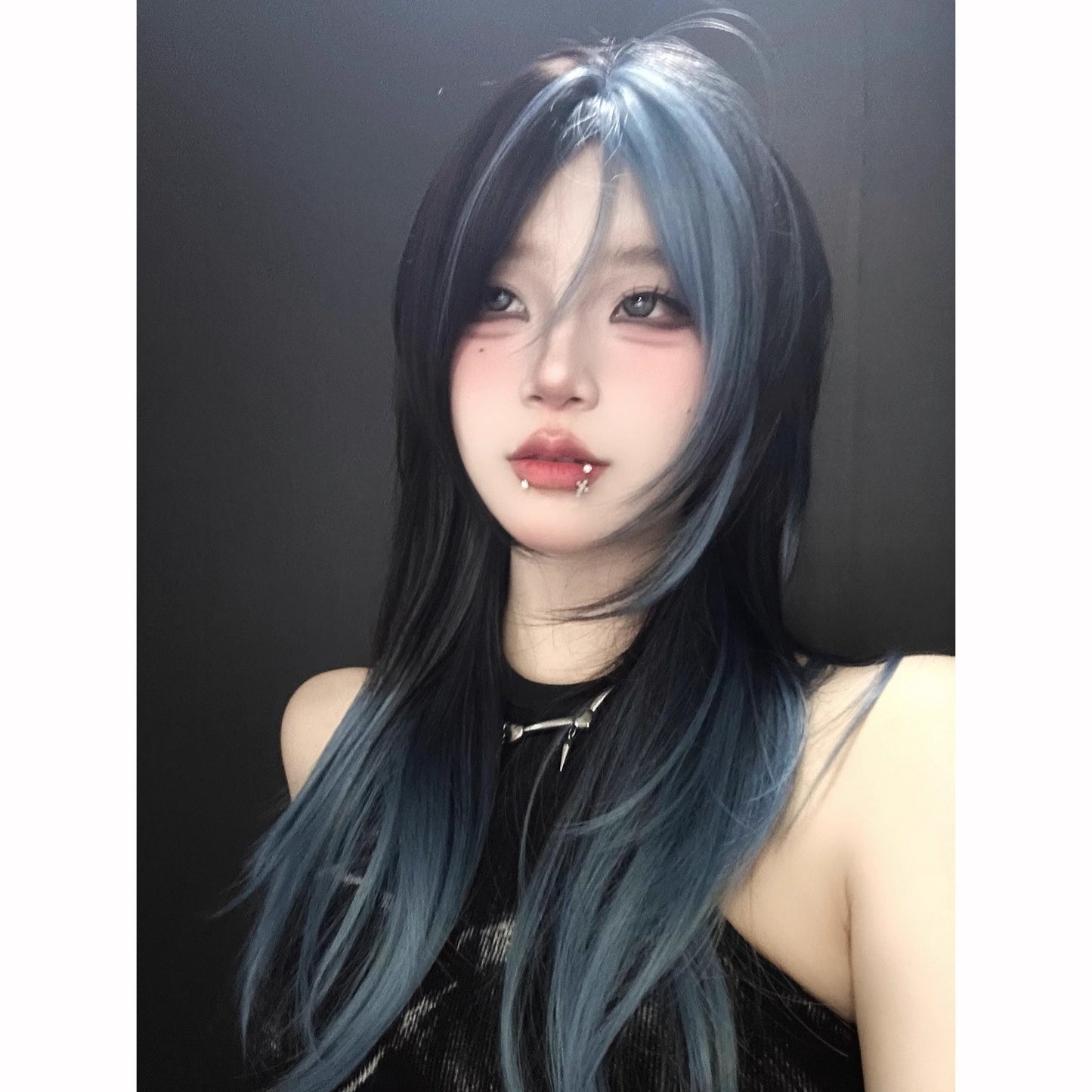 Women's Gradient Dark Blue Bangs Female Wolf Tail Layered Hair Natural Long Straight Wig