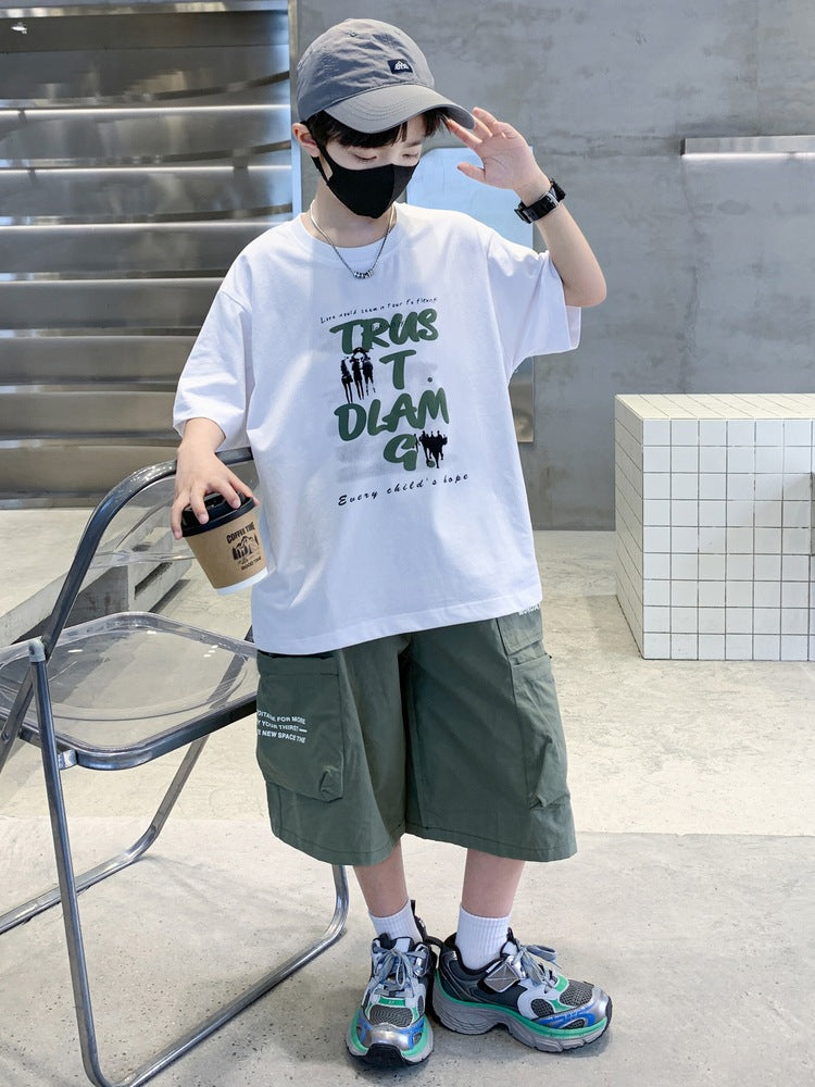Summer Short Sleeve Medium Large Ruffle Handsome Fashionable Children's Suit