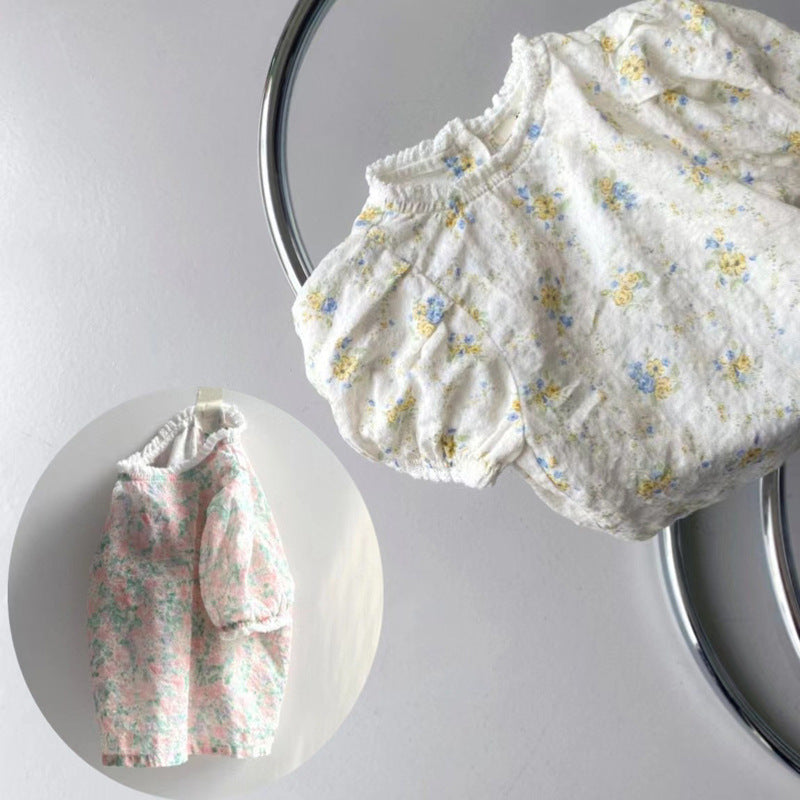 Children's Korean Style Clothing Summer Cotton Denim Suspender Skirt Floral Short Children's Suit