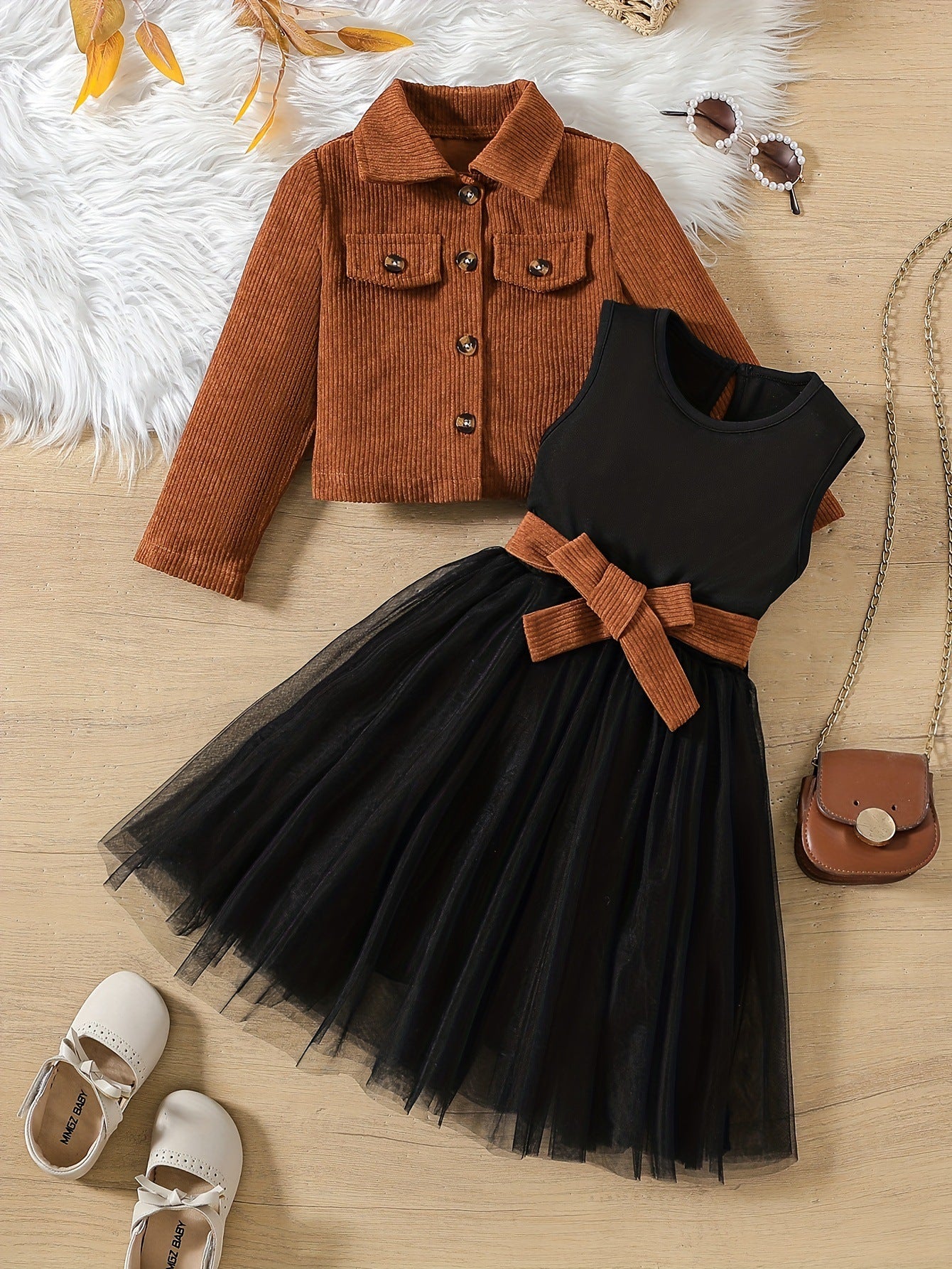 Children's Corduroy Jacket Skirt Brown Single-breasted Long Sleeve Top Vest Grenadine Children's Suit