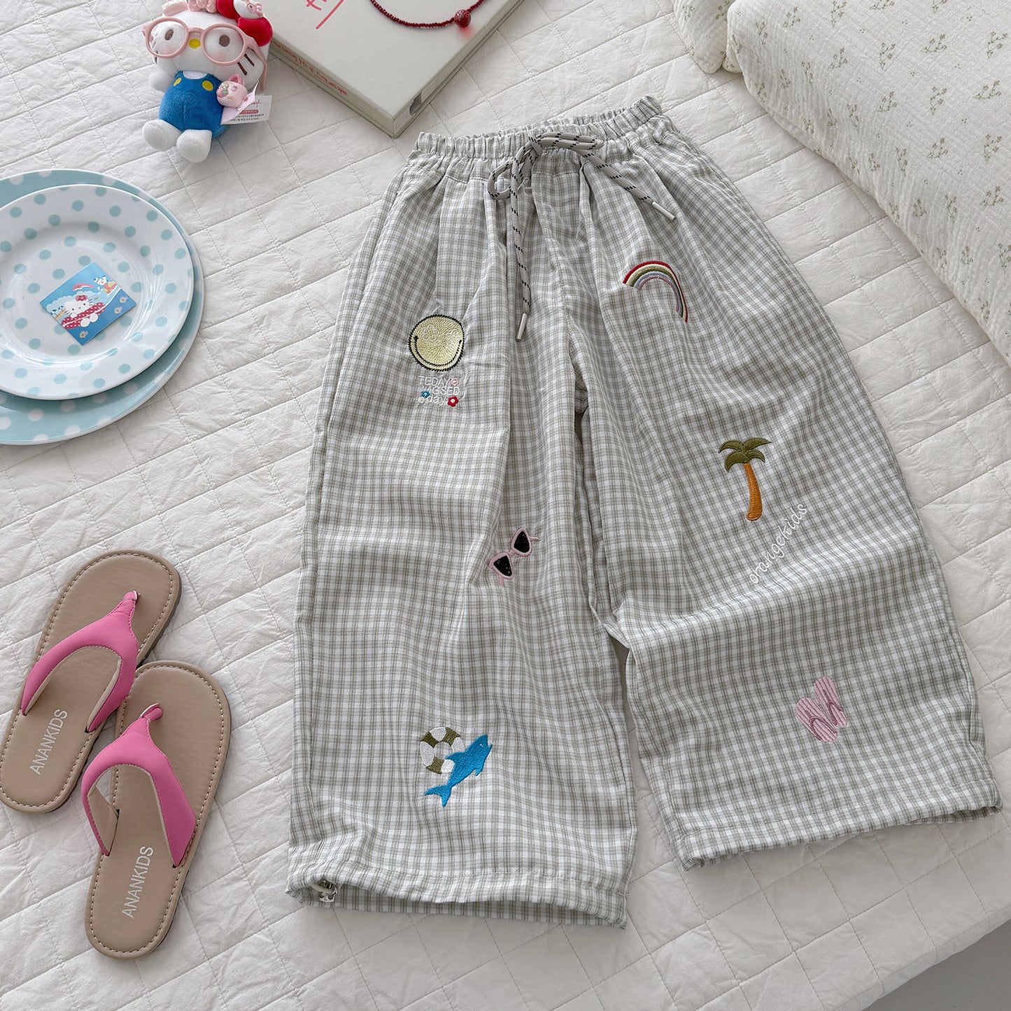 Children's Summer Plaid Casual Beach Style Embroidered Loose Anti Children's Pants