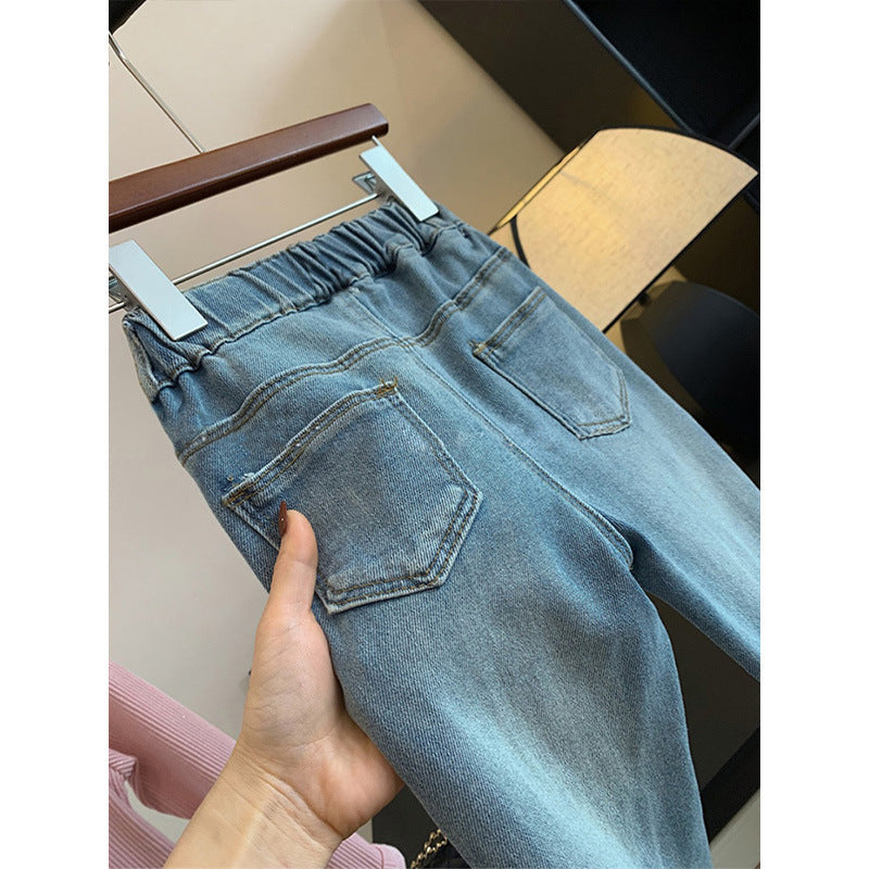 Children's Trousers Rhinestone Denim Fleece-lined Thickened Slim Fit Children's Pants