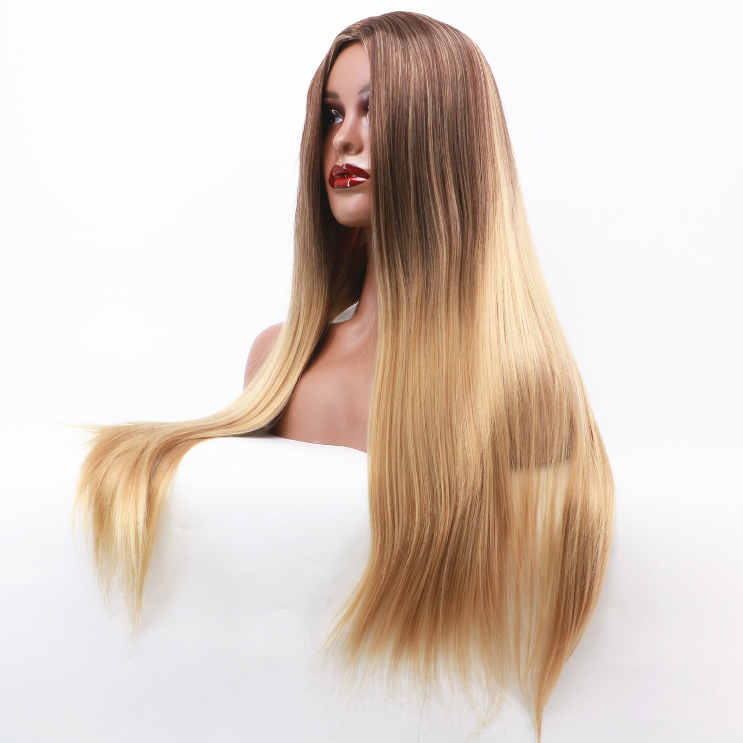 Women's Hair Dyed Chemical Fiber Brown Gradient Gold Long Straight Wig