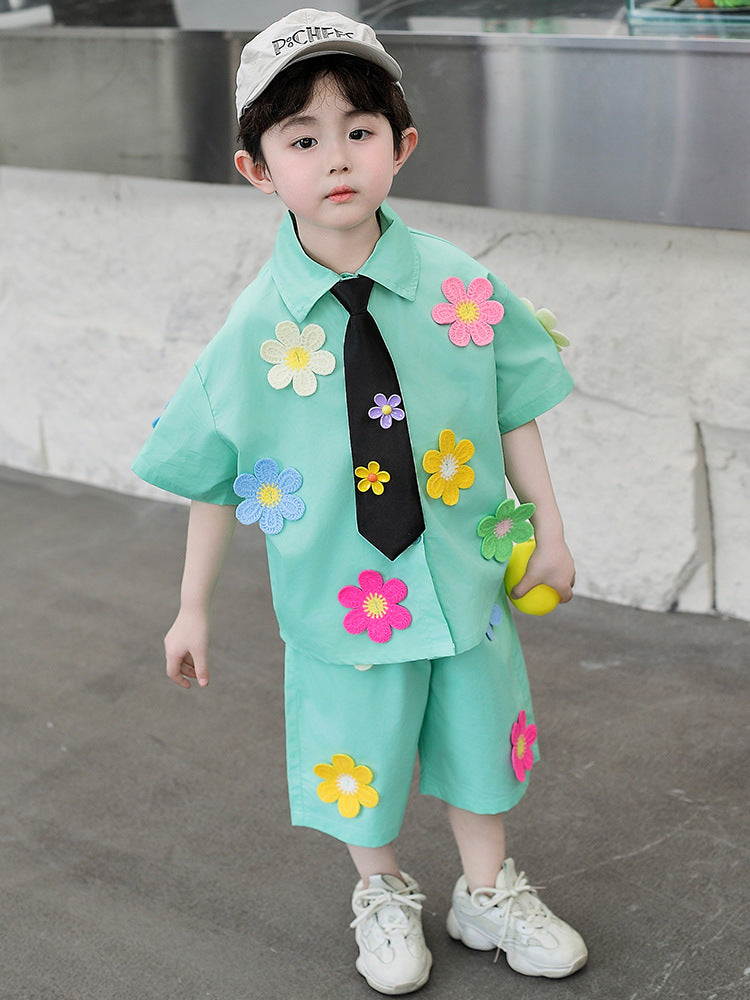 Children's Short-sleeved Tie Shirt Three-piece Kindergarten Performance Clothes Graduation Children's Suit