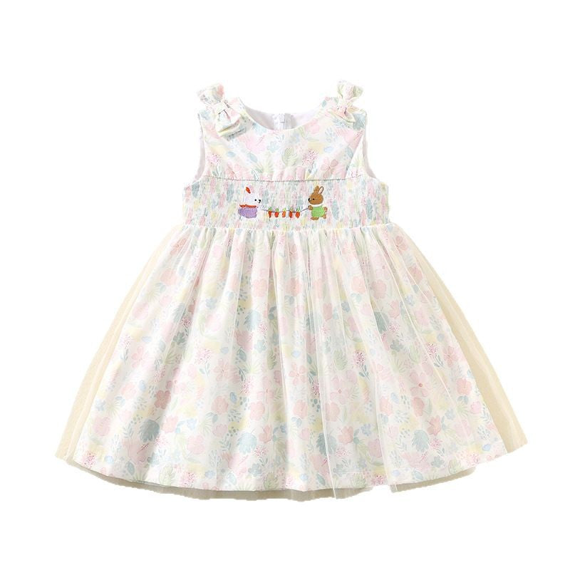 Summer Pink Smocking Princess Cute Bunny Embroidered Mesh Shirt Cotton Children's Dress