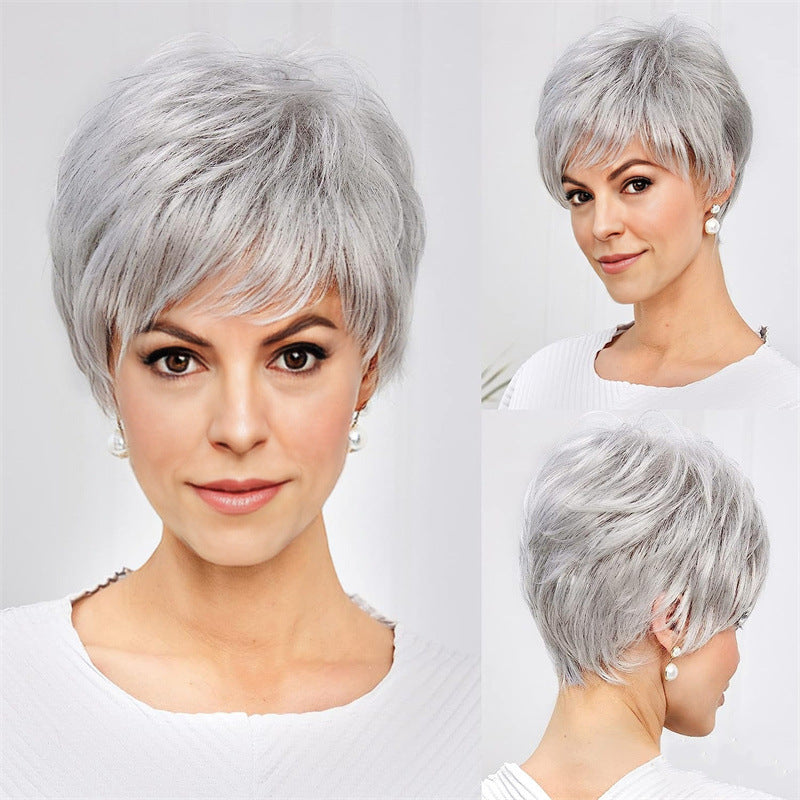 Side Bangs Sier White Short Hair Chemical Long Straight Wig