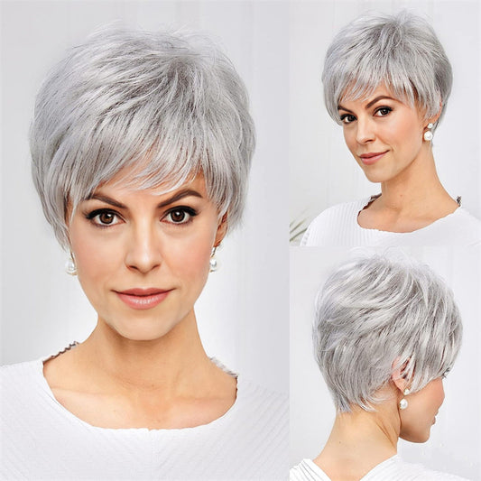 Side Bangs Sier White Short Hair Chemical Long Straight Wig