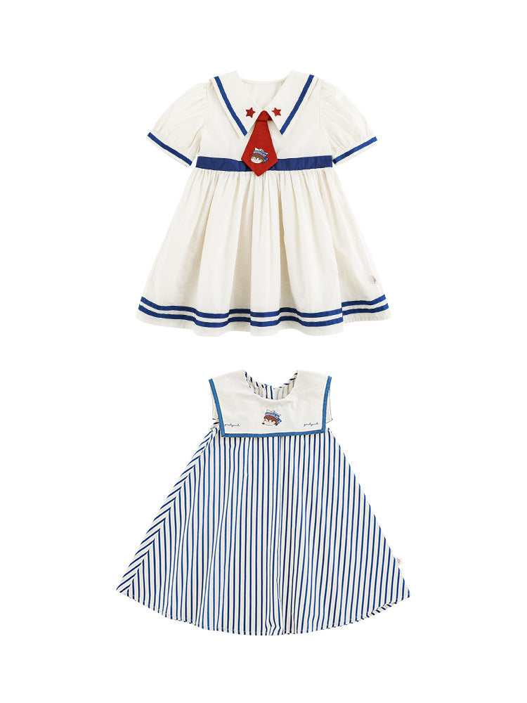 Summer Sea Patrol Dreamers Contrast Color Braid Navy Blue White Children's Dress