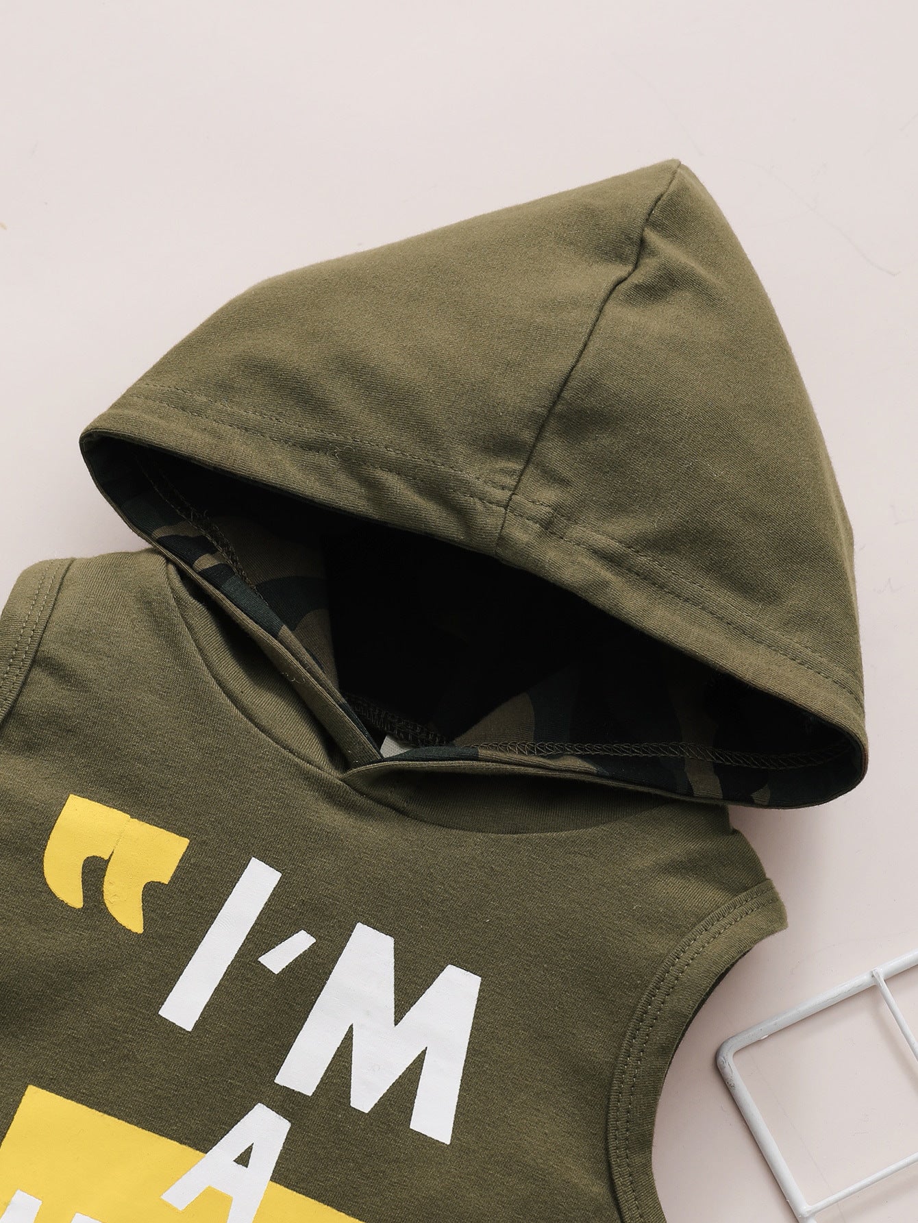 Summer Cartoon Letter Print Sleeveless Hooded Top Camouflage Shorts Children's Suit