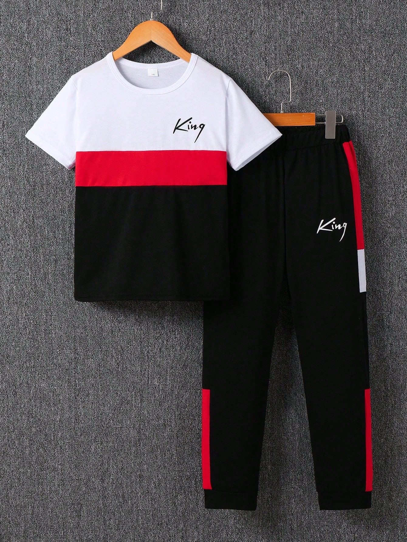 Men's Medium Big With Brown Letters Short Sleeve Lengthened Blouse Pants Children's Suit