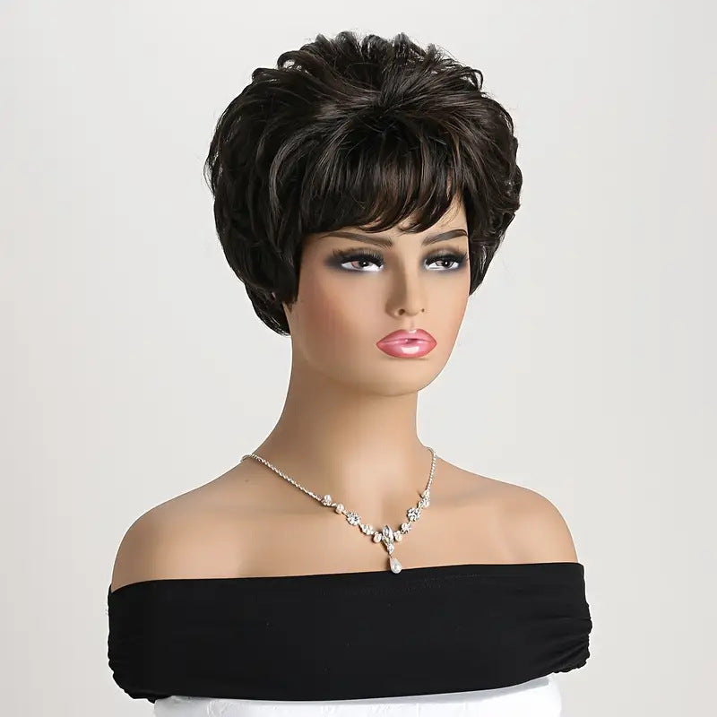 Women's Fashion Fluffy Side Bangs Black Brown Wig Short Curly Hair