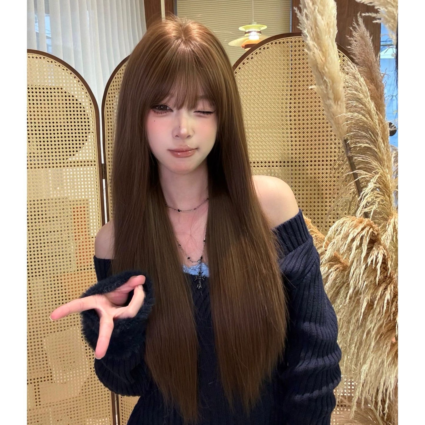 Upgrade Warm Tea Chestnut Brown Bangs Fluffy Atmosphere Long Straight Wig