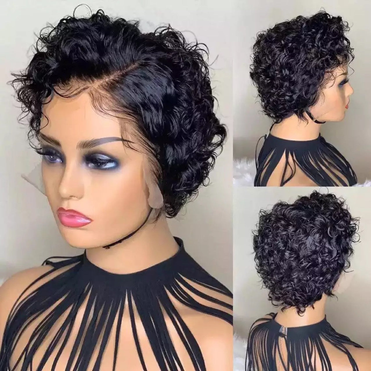 Head Cover Mid-length Black Small Female Wig Short Curly Hair