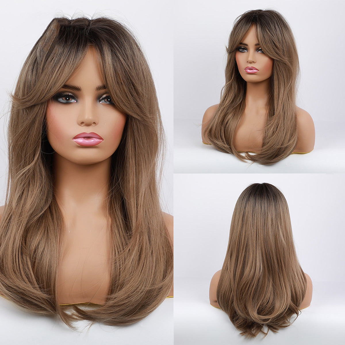 Women's Air Bangs Black Gradient Brown Long Straight Wig