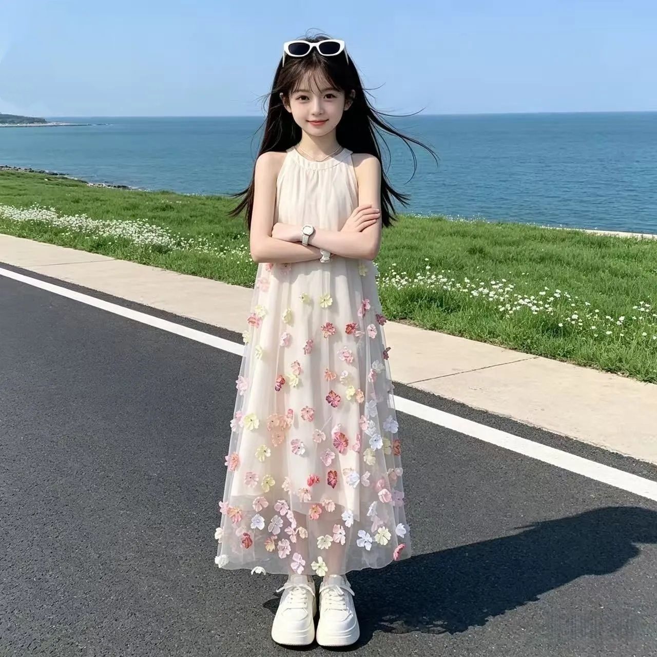 Women's Small Teen Sleeveless Halter Summer Beautiful Three-dimensional Children's Dress