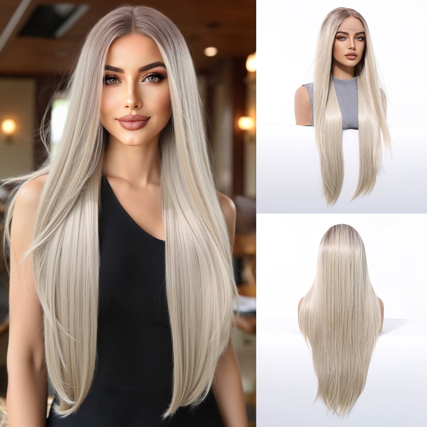 Imported Silk Black Lace Female Free Seam Breathable Long Straight Wig