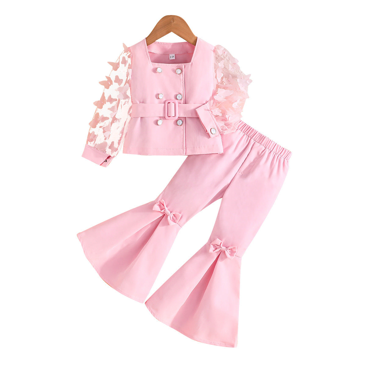 Fashion Mesh Sleeve Top Bell-bottom Pants Children's Suit