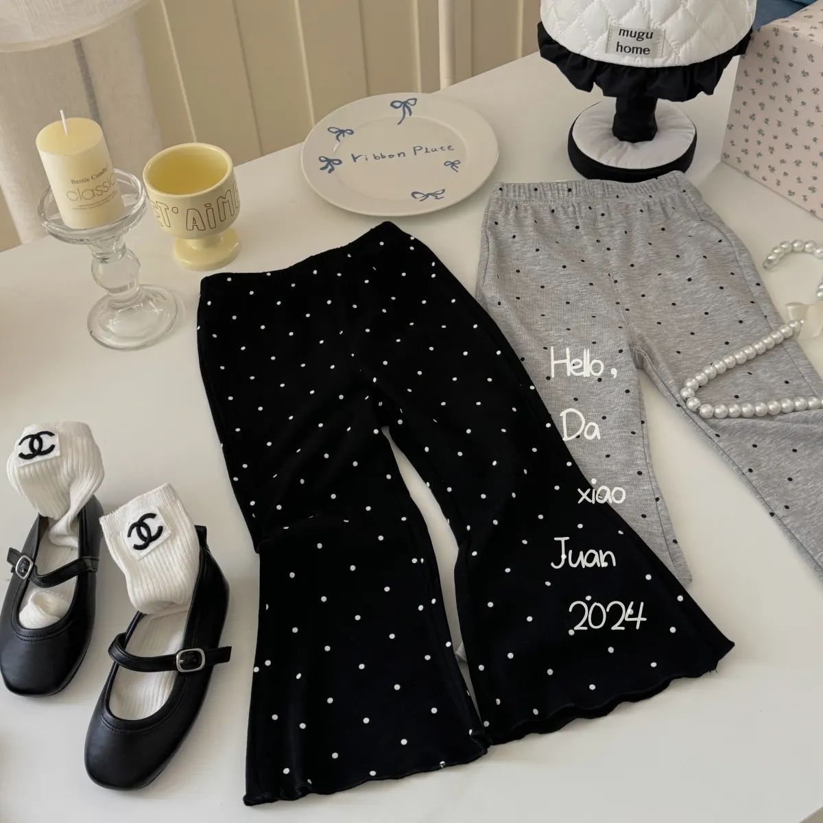 Children's Style Fashionable Polka Dot Bell-bottom Autumn Clothing High Waist Casual Children's Pants