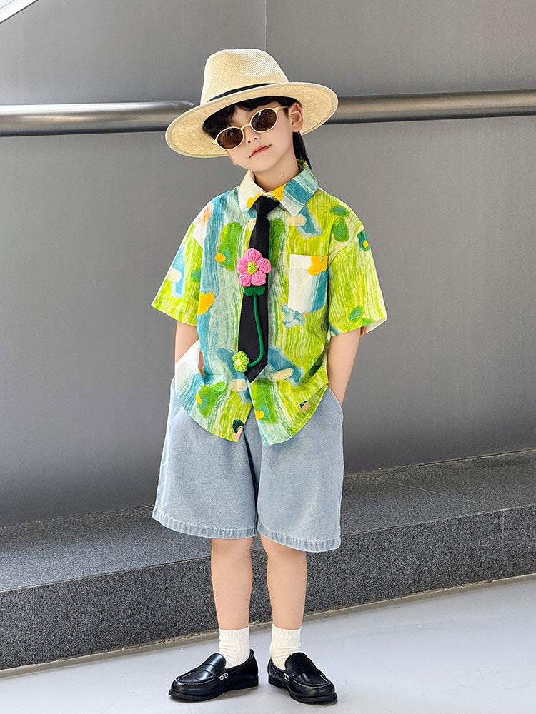 Denim Shorts Casual Printed Suspender Suit Performance Children's Shirt