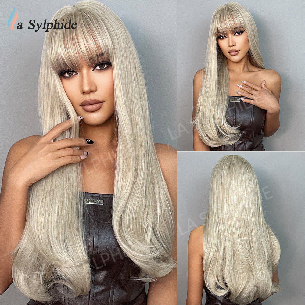 Bangs Female Mechanism Chemical Fiber Golden Long Real Hair Wig
