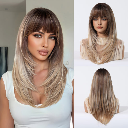Bangs Layered Atmosphere Black Brown Hair Long Straight Wig