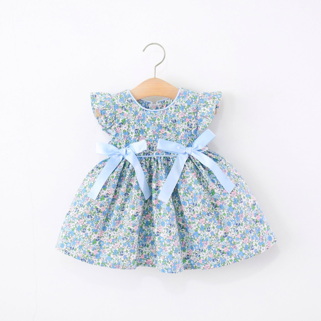 Waist Two Ribbon Knot Small Floral Skirt Full Of Cotton Children's Dress