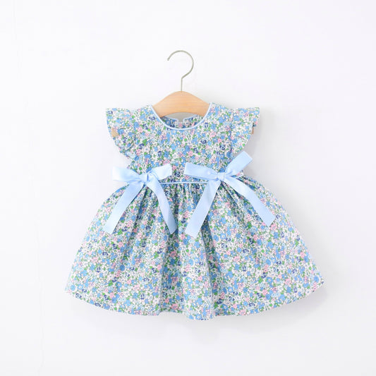 Waist Two Ribbon Knot Small Floral Skirt Full Of Cotton Children's Dress