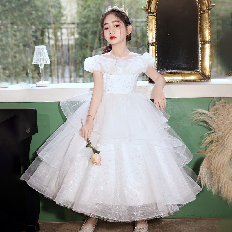 Evening Long Puff Yarn Host Performance Children's Dress