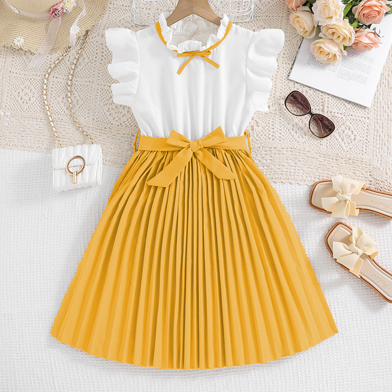 Children's Clothing Summer Style Flounced Sleeve Color Matching Pleated Children's Dress