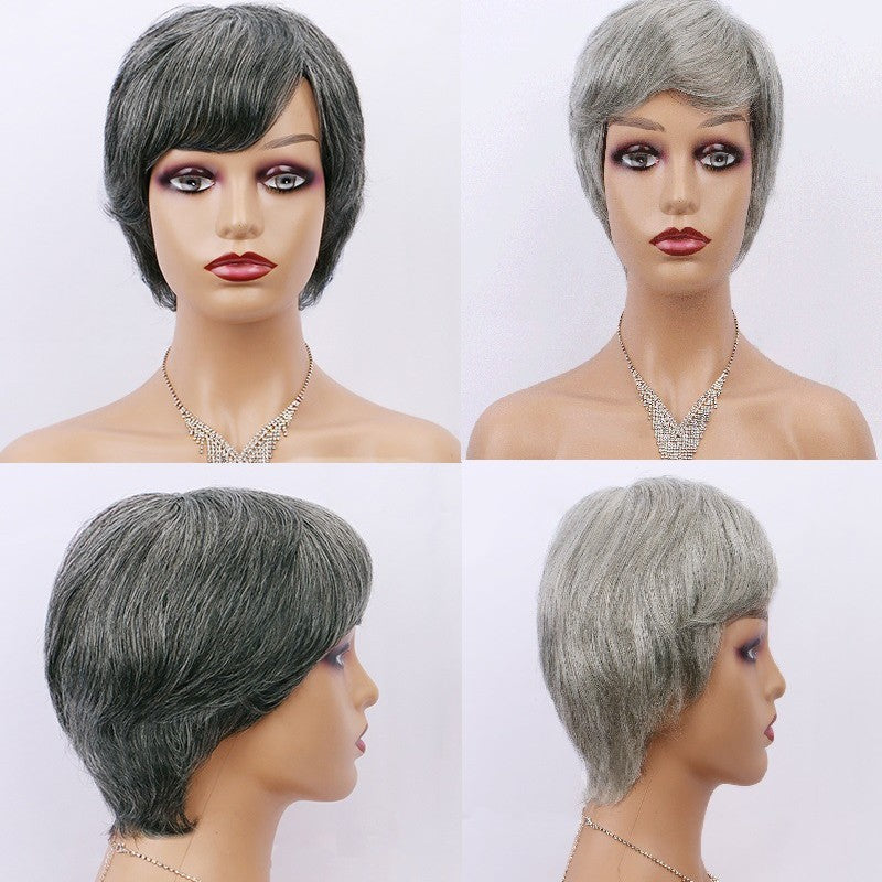 Human Dark Gray Light Grandma Black Real Hair Wig